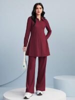 Women's Solid Color Two-Piece Set | Long Sleeve Top & Wide Leg Pants Co-ord Set - Image 2